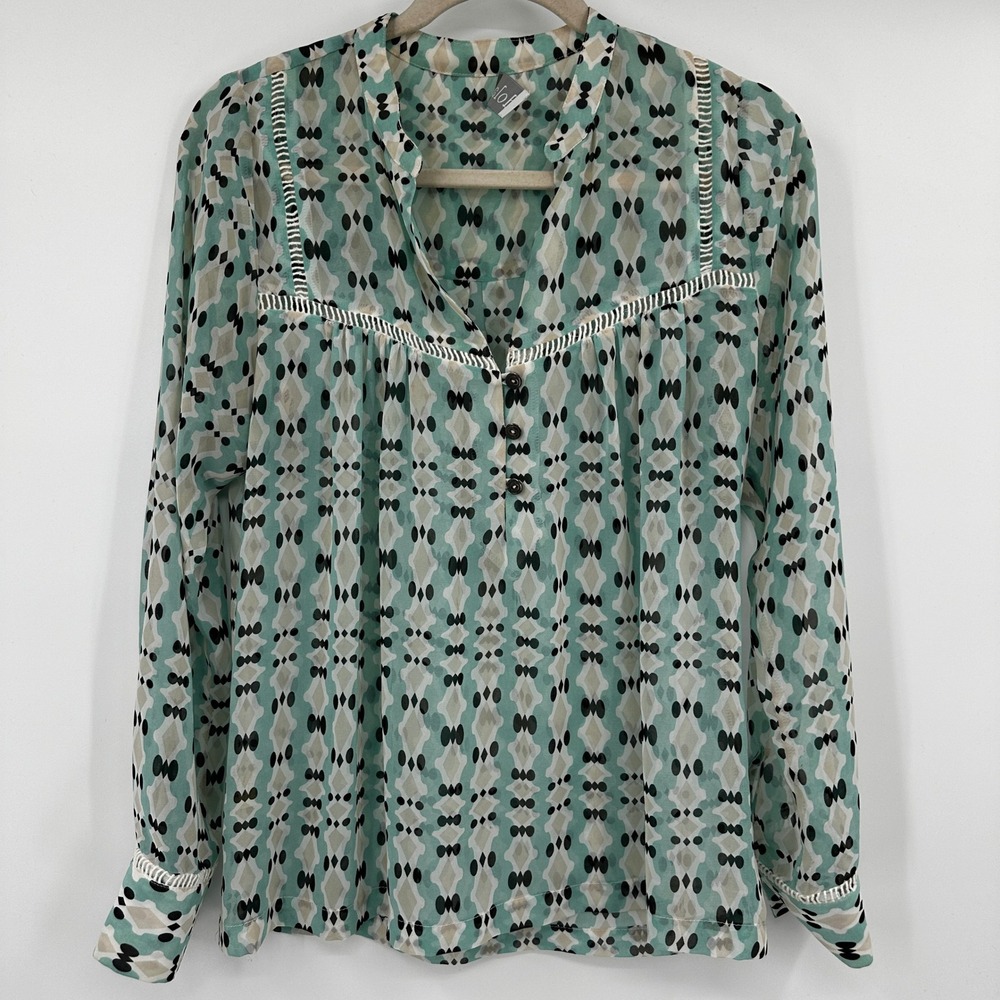 Dolan Left Coast Teal Geometric Print Crochet Trim Blouse Small‎ Womens